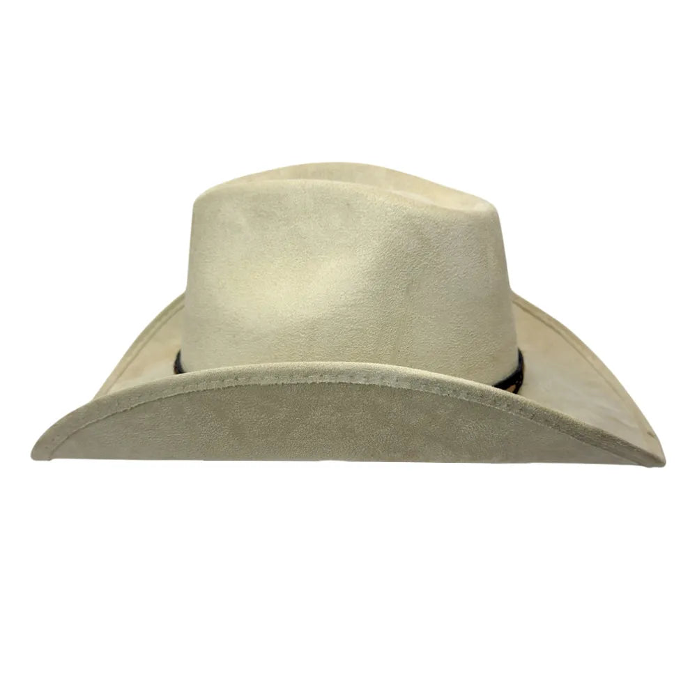 A light beige cowboy hat with a wide brim and a black band, shown from a front-facing perspective on a solid white background.