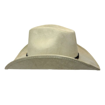 A light beige cowboy hat with a wide brim and a black band, shown from a front-facing perspective on a solid white background.