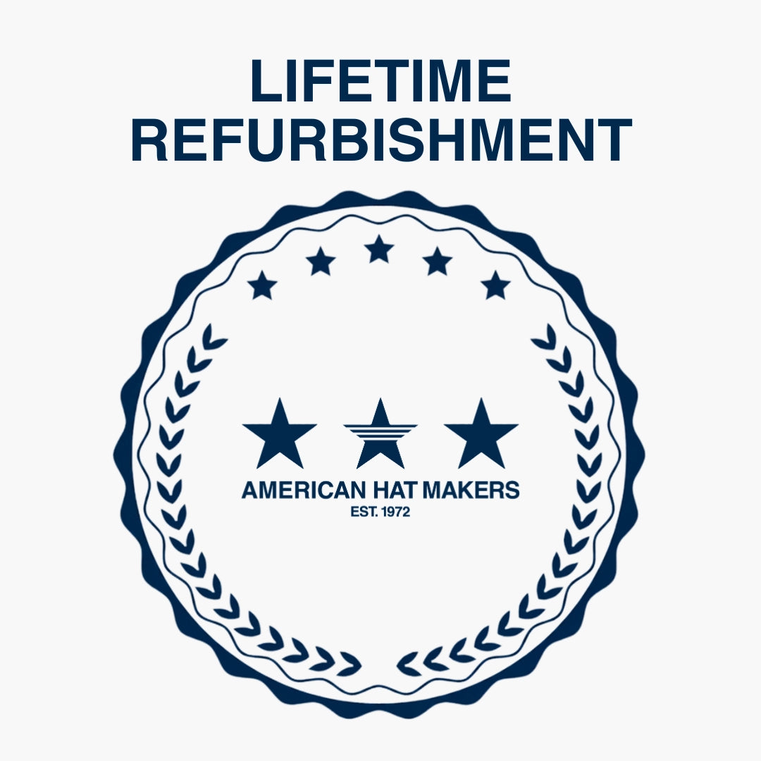 Logo for American Hat Makers with 'Lifetime Refurbishment' text on a white background
