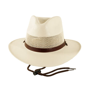 Beige cowboy hat with a brown band on a white background