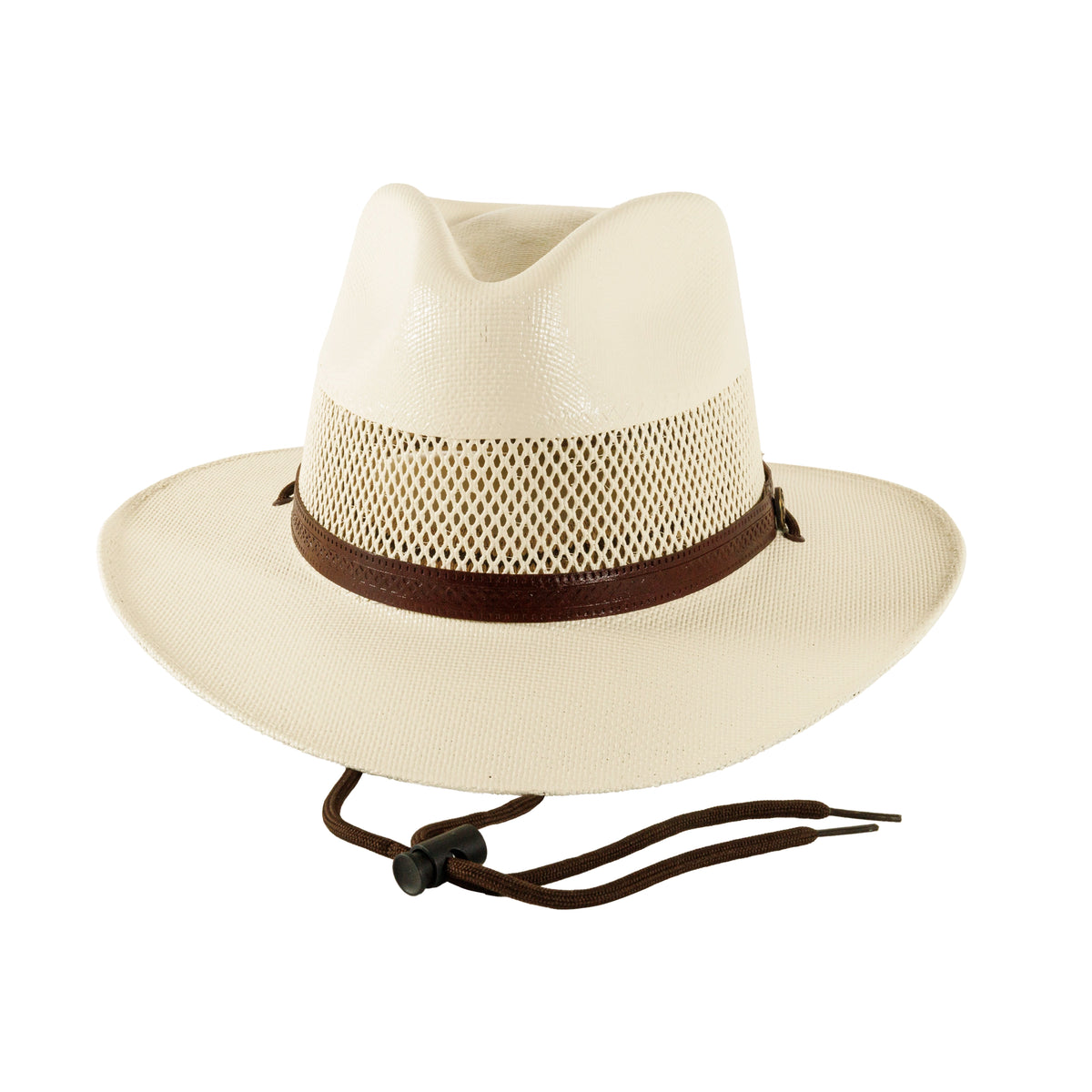 Beige cowboy hat with a brown band on a white background