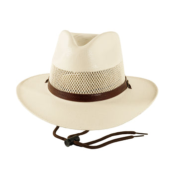 Beige cowboy hat with a brown band on a white background
