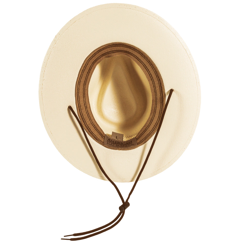 Beige straw hat with brown band on a white background