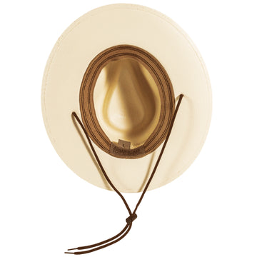 Beige straw hat with brown band on a white background