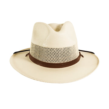Beige cowboy hat with a brown band on a white background