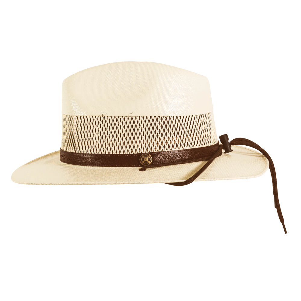 Beige cowboy hat with a brown band on a white background