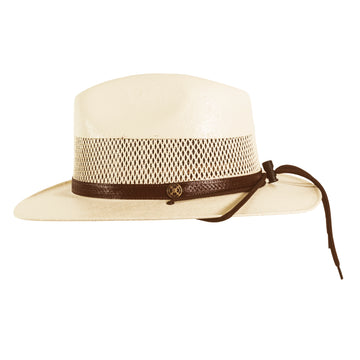 Beige cowboy hat with a brown band on a white background