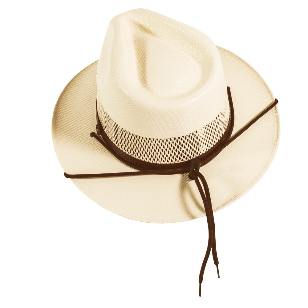 Beige cowboy hat with a brown band on a white background