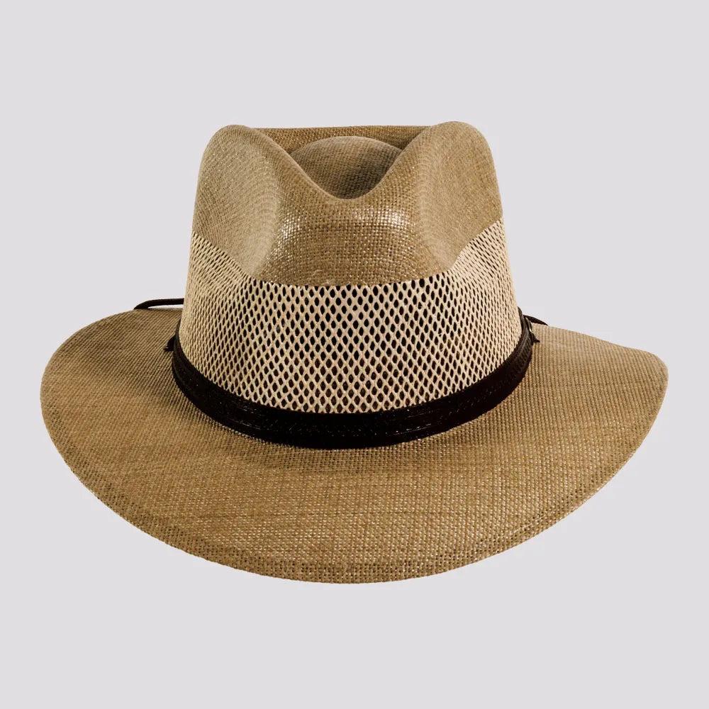 Beige straw hat with a black band on a light gray background