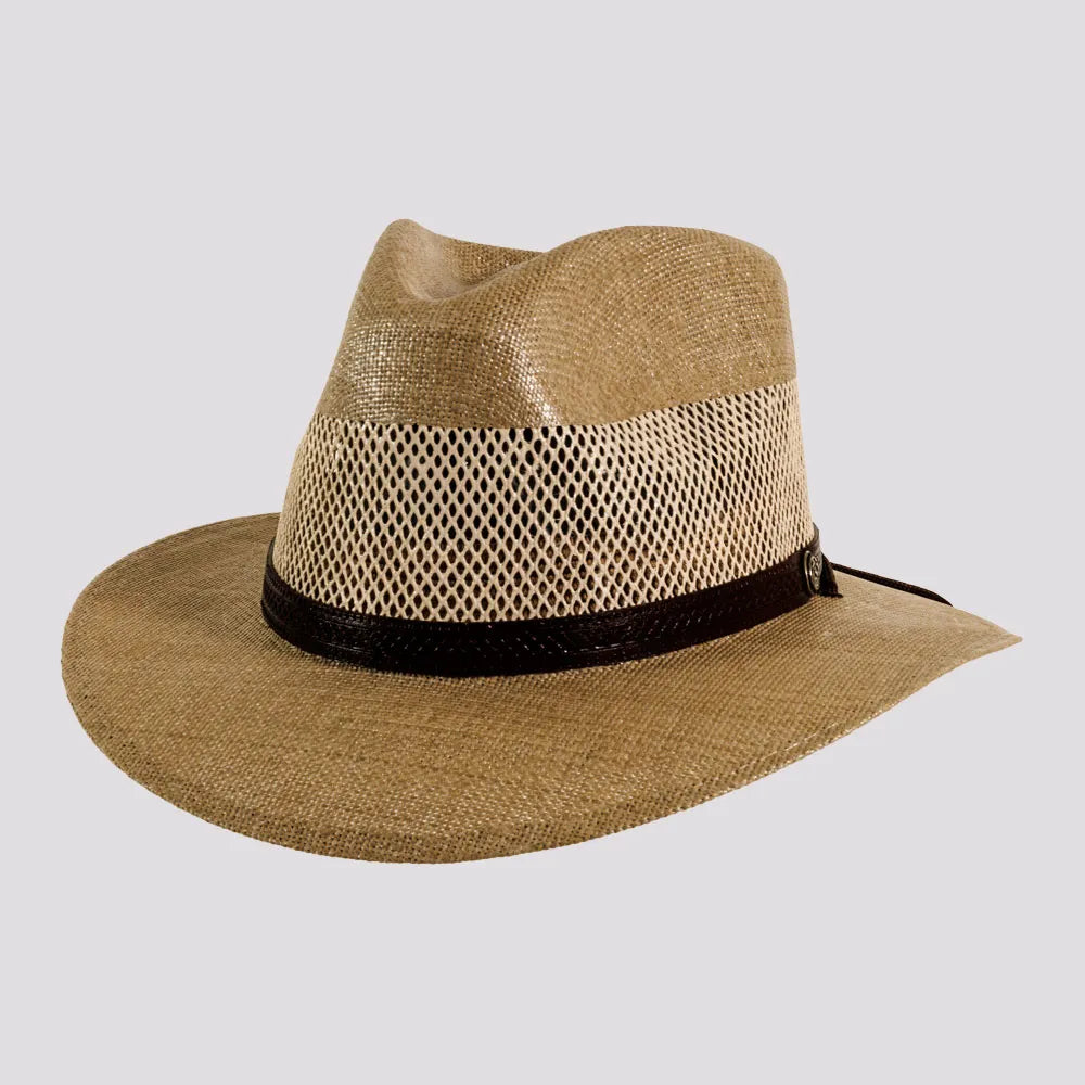 Brown straw hat with a black band on a light gray background
