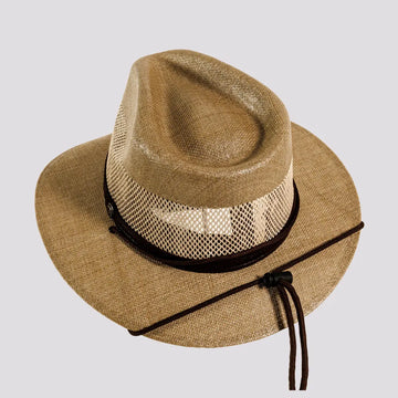 Brown straw hat with a black band on a light gray background