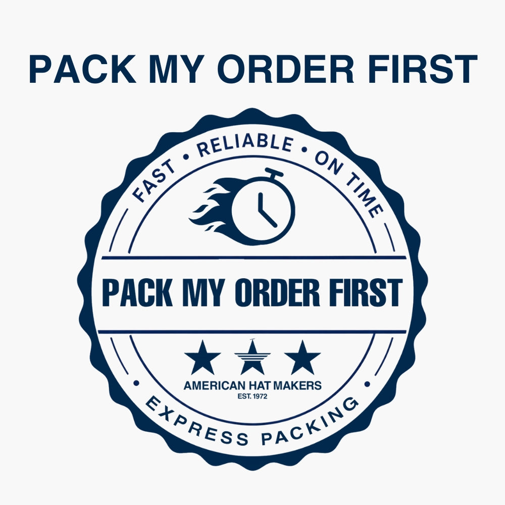 Logo with 'Pack My Order First' text and clock icon on a white background