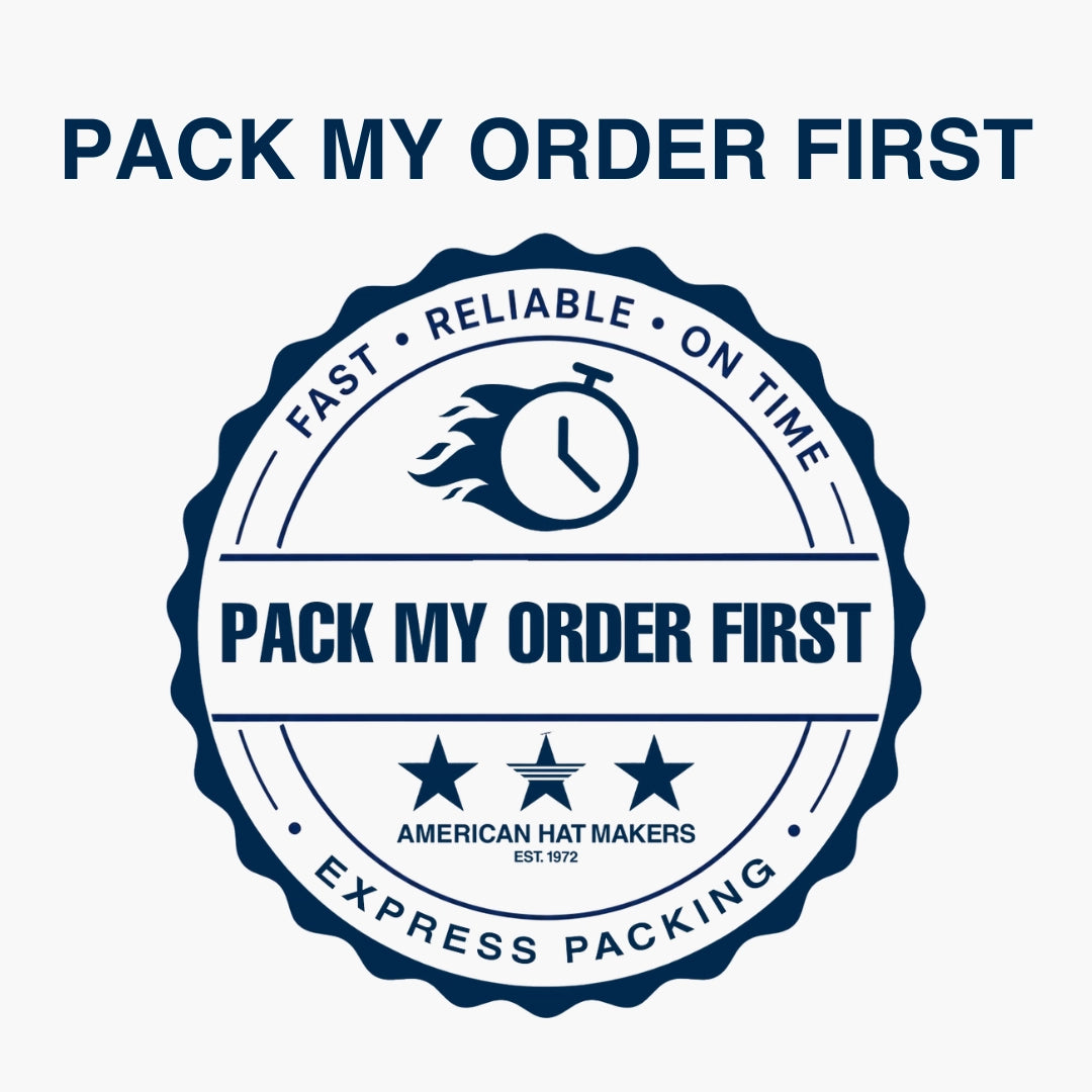 Logo with 'Pack My Order First' text and clock icon on a white background