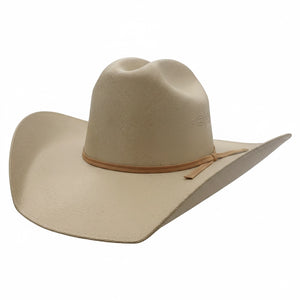 Beige cowboy hat with a brown band on a white background