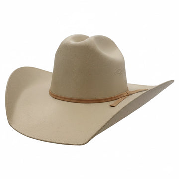 Beige cowboy hat with a brown band on a white background