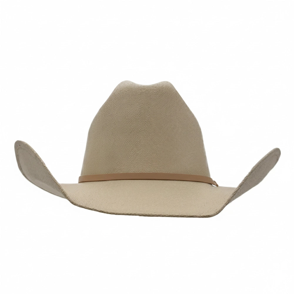 Beige cowboy hat with a brown band on a white background
