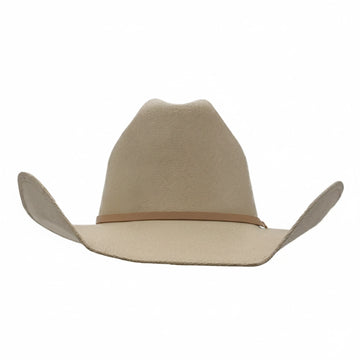 Beige cowboy hat with a brown band on a white background