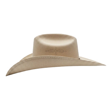 Beige cowboy hat with a brand logo on a white background