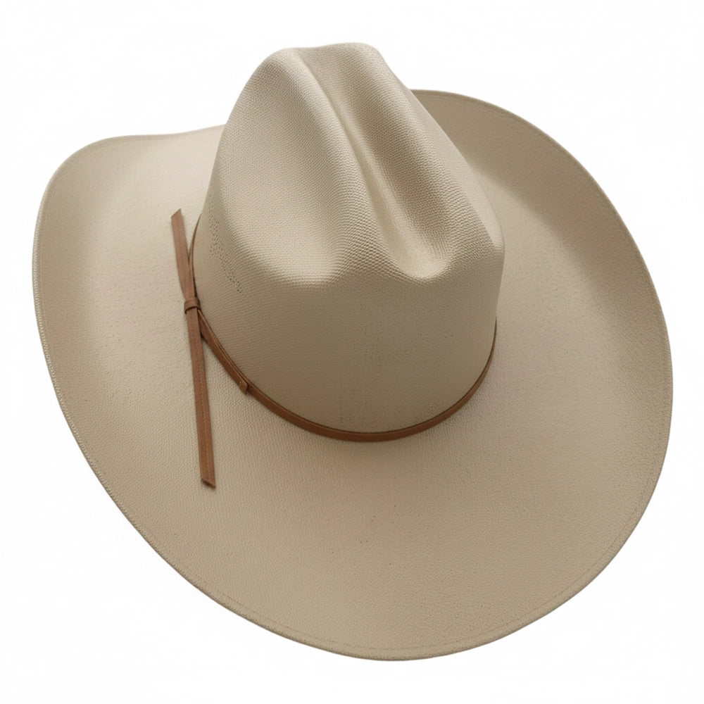 Beige cowboy hat with a brown band on a white background