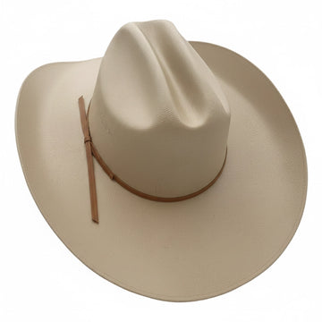 Beige cowboy hat with a brown band on a white background