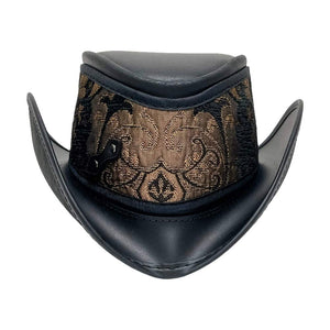 Reversible Ren | Mens Black Leather Festival Hat with Green & Gold Hat Band