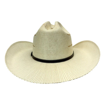 A light beige woven straw cowboy hat with a dark brown band around the crown, shown from a front-facing angle on a plain white background.