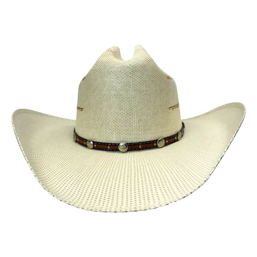 An off-white woven straw cowboy hat with a brown leather band decorated with silver conchos, shown against a plain white background.