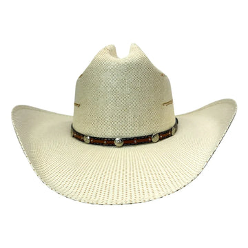 An off-white woven straw cowboy hat with a brown leather band decorated with silver conchos, shown against a plain white background.