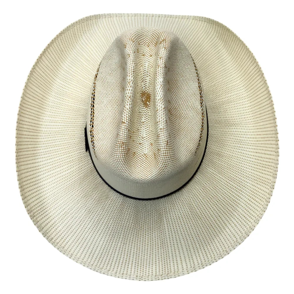 A light beige woven straw cowboy hat with a black band around the crown, shown from a top-down view on a white background.