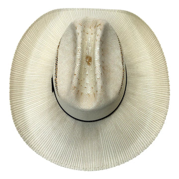 A light beige woven straw cowboy hat with a black band around the crown, shown from a top-down view on a white background.