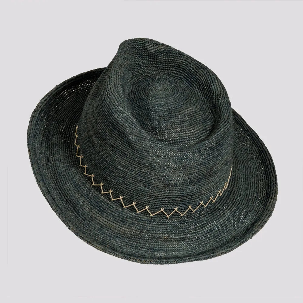 Sicily | Mens Ocean Crocheted Raffia Straw Fedora Hat with Stitching