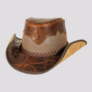 Stampede | Mens Brown Crunch Cowhide Leather Cowboy Hat with Mesh Sides