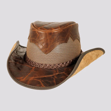 Stampede | Mens Brown Crunch Cowhide Leather Cowboy Hat with Mesh Sides
