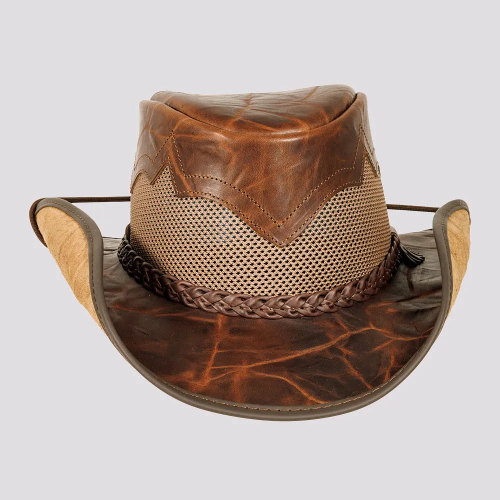 Stampede | Mens Brown Crunch Cowhide Leather Cowboy Hat with Mesh Sides