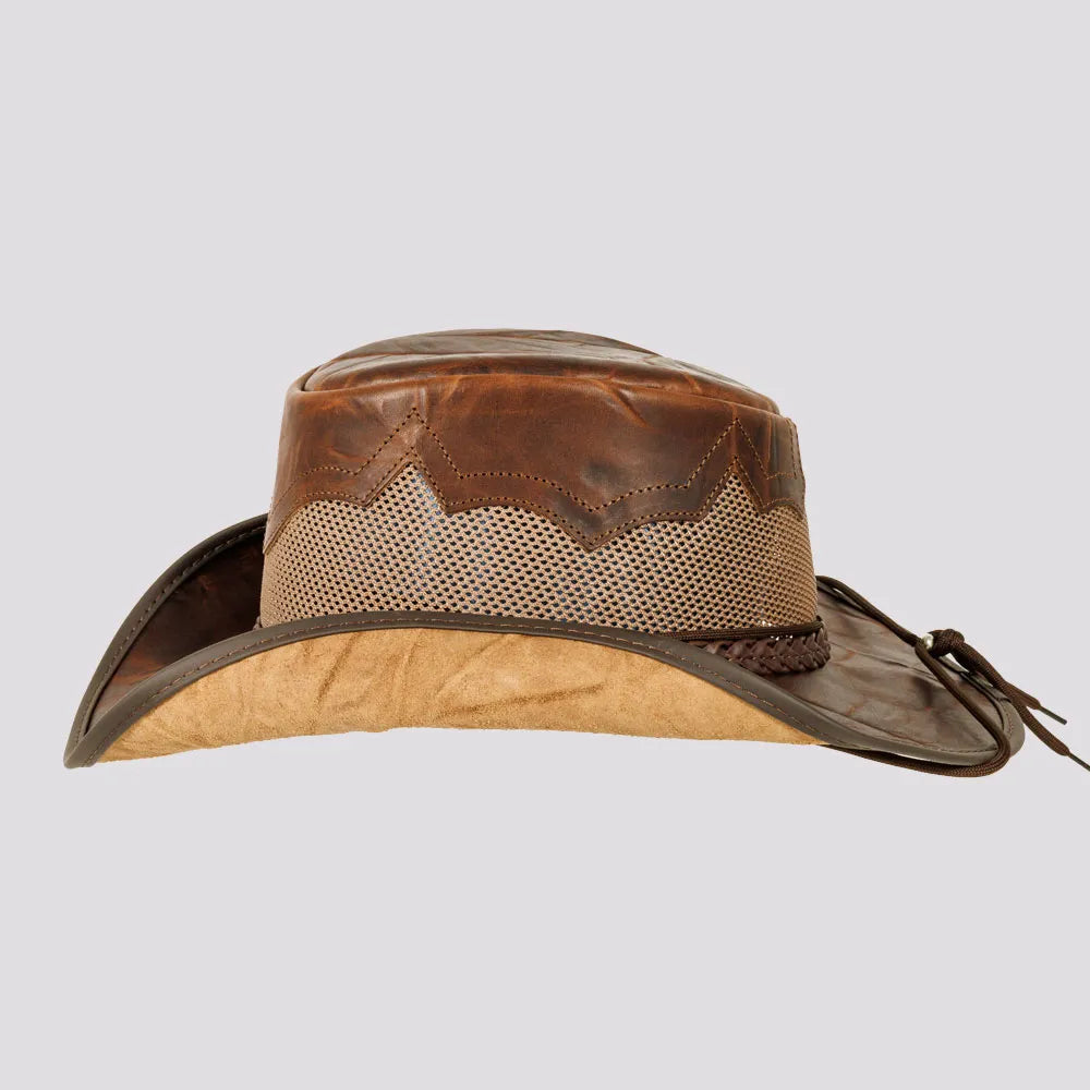 Stampede | Mens Brown Crunch Cowhide Leather Cowboy Hat with Mesh Sides