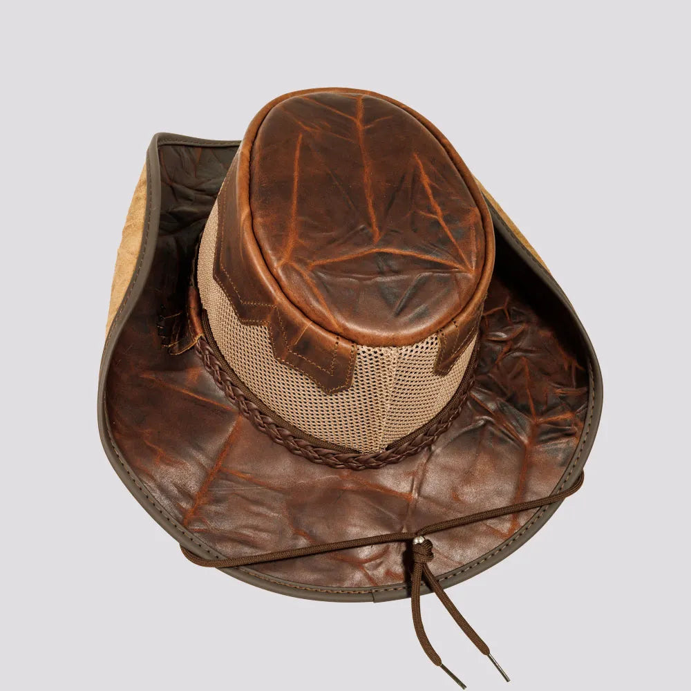 Stampede | Mens Brown Crunch Cowhide Leather Cowboy Hat with Mesh Sides