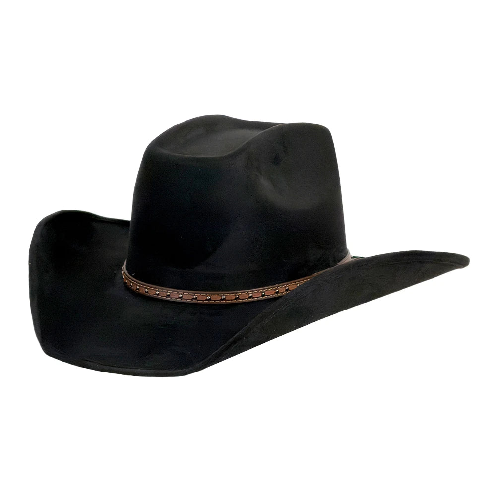A black cowboy hat with a brown decorative band around the crown, shown on a plain white background.
