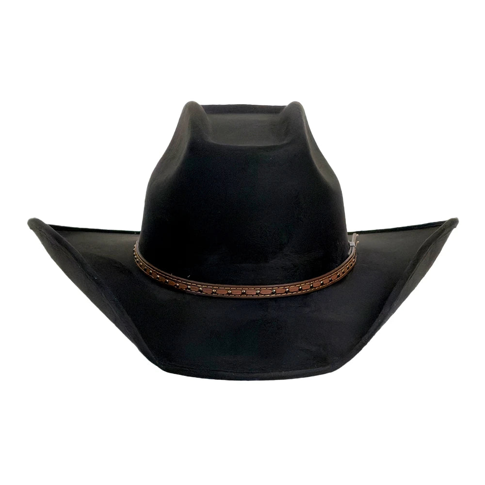 A black cowboy hat with a brown braided band around the crown, shown against a plain white background.