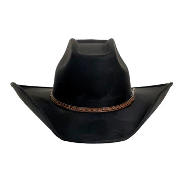 A black cowboy hat with a brown braided band around the crown, shown against a plain white background.