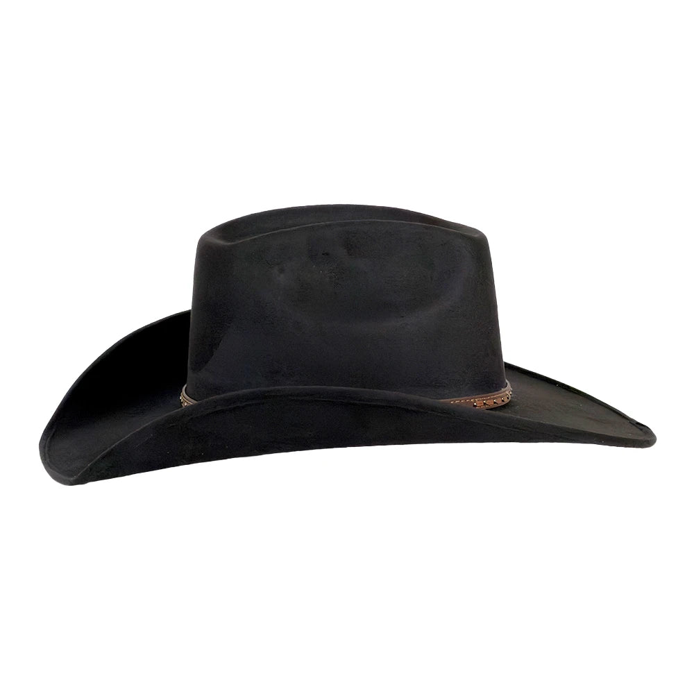 A black cowboy hat with a wide brim and a small brown decorative band around the crown, shown against a plain white background.