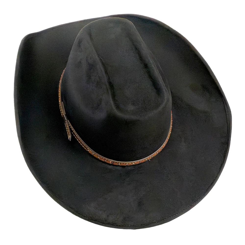 A black cowboy hat with a textured finish and a decorative brown band featuring small metallic studs, shown on a plain white background.