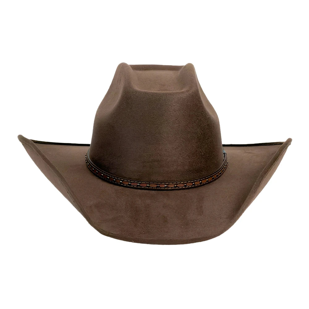 A brown cowboy hat with a wide brim and a decorative band around the crown, shown against a plain white background.