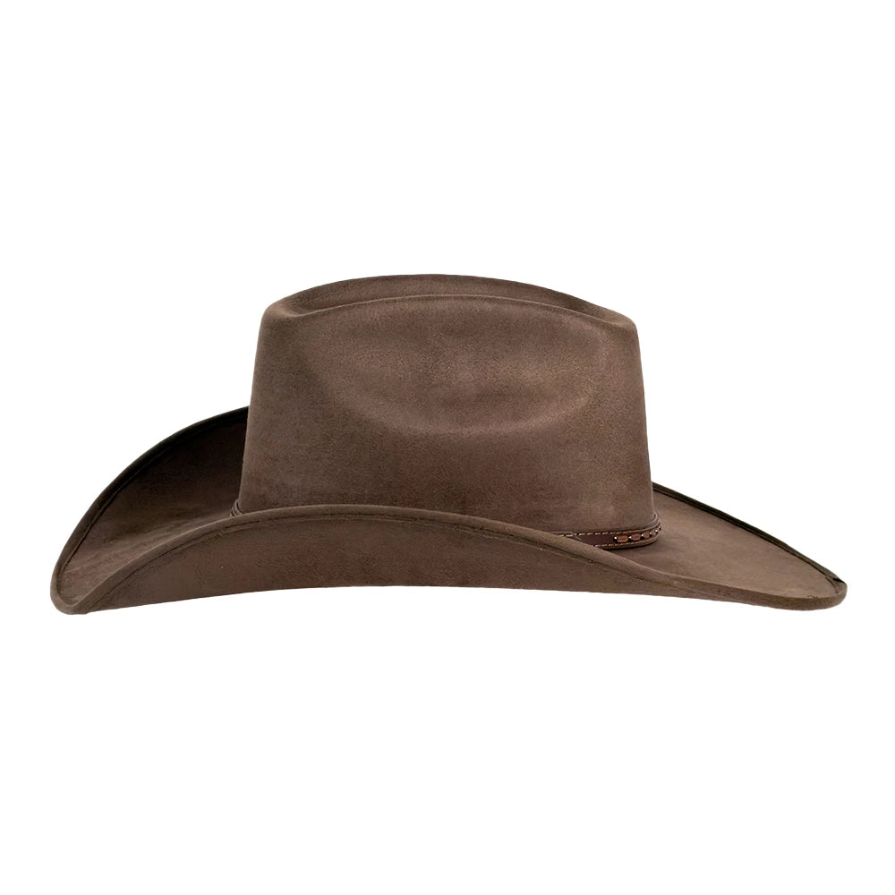 A classic brown cowboy hat made of suede or nubuck material, shown from a front-facing perspective on a solid white background.