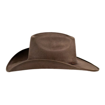 A classic brown cowboy hat made of suede or nubuck material, shown from a front-facing perspective on a solid white background.