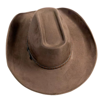 A brown cowboy hat made of suede or nubuck material, featuring a decorative band with small metallic studs around the crown, shown against a plain white background.