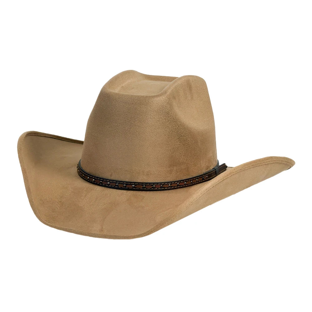A tan cowboy hat with a dark brown decorative band, shown from a three-quarters angle on a plain white background.