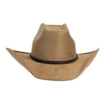 A light tan cowboy hat with a dark brown band featuring small gold and red accents, shown against a plain white background.