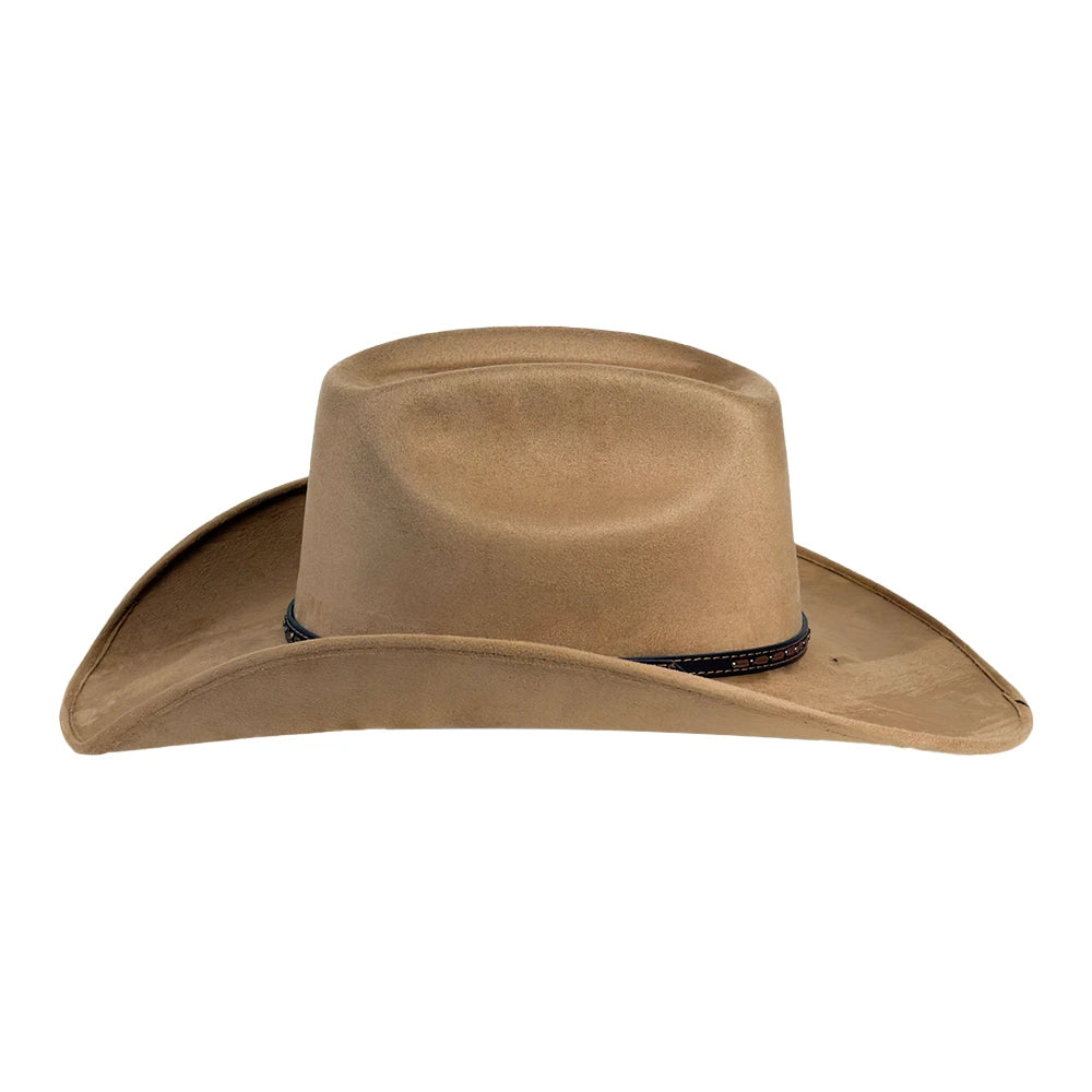 A classic cowboy hat in a warm tan or light brown color, featuring a dark band detail around the crown, shown against a plain white background.