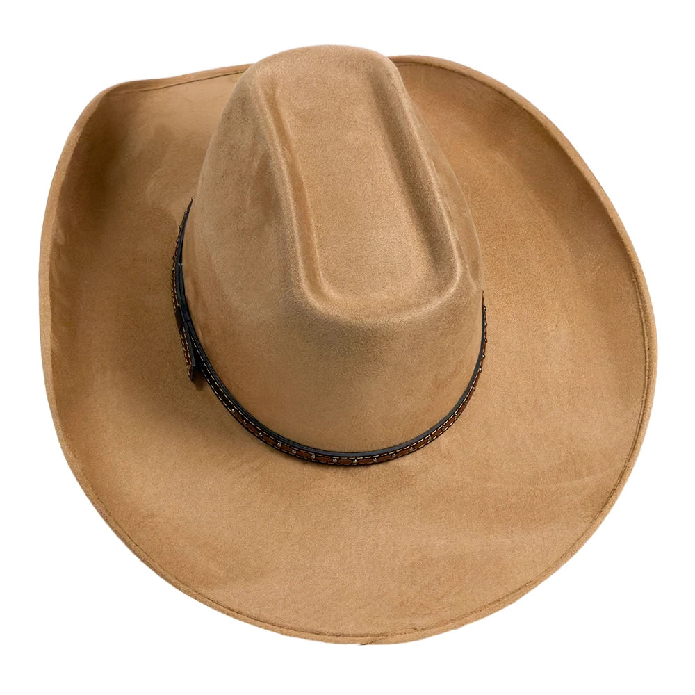 A tan cowboy hat made of suede-like material, featuring a dark brown decorative band with small gold-colored studs, shown from a top-down view on a white background.