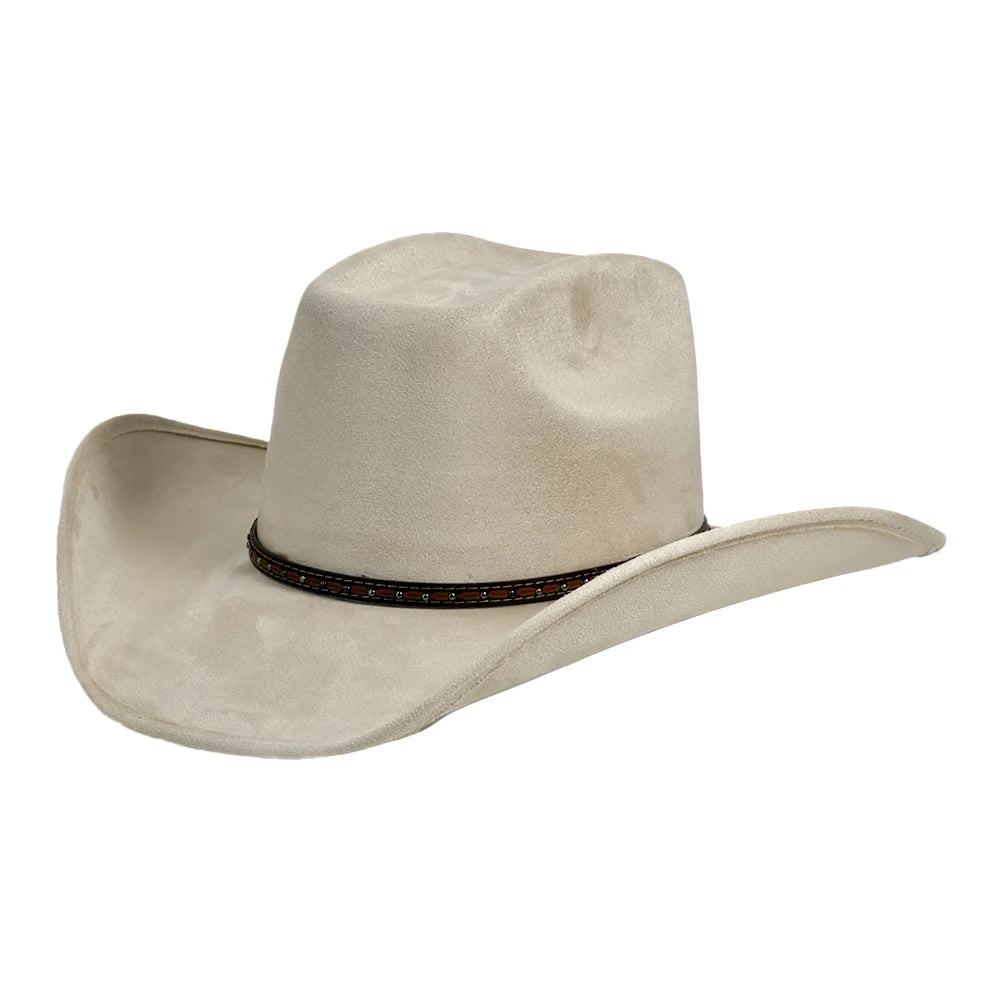 A light beige cowboy hat with a dark brown beaded band, shown from a three-quarters angle on a plain white background.